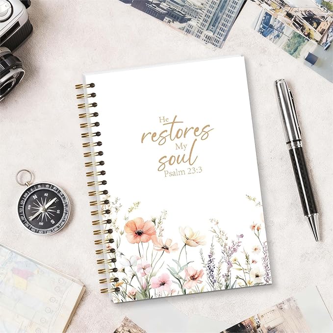 Bible Journal, Floral Spiral Notebook, Notebook for Bible Notes, Christian Gifts for Catholic Women Girls, 5.5x8.3 Inch - A08
