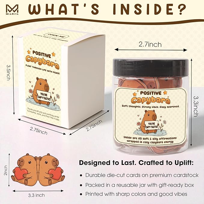 Miarita Positive Capybara Jar - 60 Affirmation Cards for Anxiety & Self Care, Capybara Gifts For Women, Teacher Appreciation Gifts For Women, Birthday Gift for College Friend