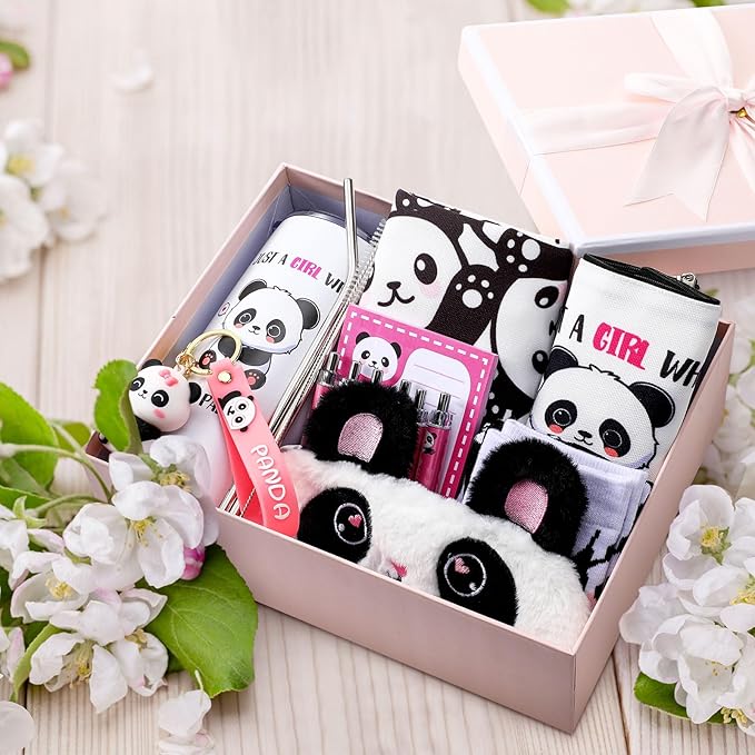 Wonderjune 14 Set Panda Gifts Baskets for Panda Lovers Birthday Gifts Set for Girls Kids Teens Mom Friend Sister Cute Valentines Thank You Birthday Presents Package Accessories