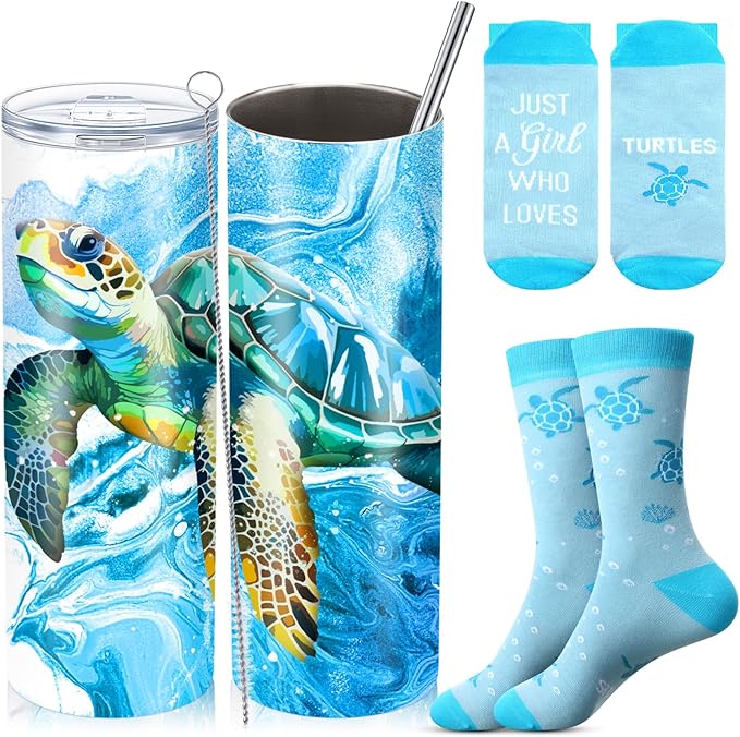 Funnymoom 2 Pack Sea Turtle Themed Gifts Set Skinny Tumbler 20 oz Travel Coffee Mug Novelty Cute Animals Socks, Christmas Birthday Gifts for Sea Turtle Themed
