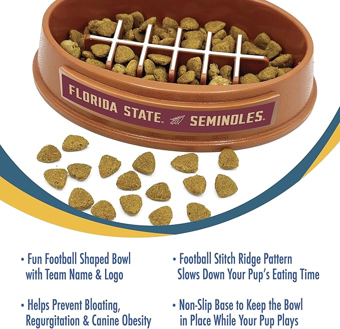 NCAA Super-Bowl - Florida State Seminoles Slow Feeder Dog Bowl. Football Design Slow Feeding Cat Bowl for Healthy Digestion. Non-Slip Pet Bowl for Large & Small Dogs & Cats
