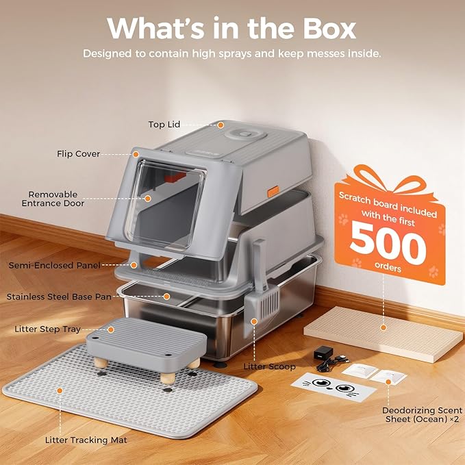 GTPLAYER XXL Stainless Steel Cat Litter Box with Lid, Smart Odor Control Enclosed Litter Box for Cats, Infrared Sensor Auto Pause, Non-Stick Anti-Leak High-Sided, with Mat, Scoop & Step, Curious Kitty