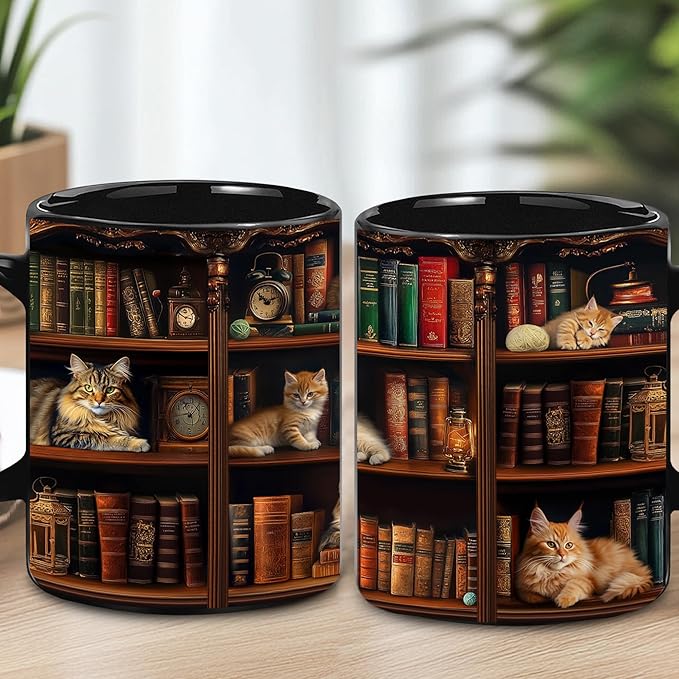 Book Lovers Gift - Bookshelf Gifts - Cat Book Mug - Bookish, Bookworm Gifts - Bookshelf Mug - Book Mug For Women, Reader, Librarian, Write - Birthday Gift Idea For Cat Lover, Owner Cat