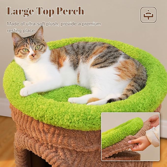 PETEPELA Modern Cat Tree for Indoor Cats Large Adult w/Flower Perch, 53.5" Flower Cat Tower with Solid Wood Scratching Post & Cozy Condos, Forest Cat House for Multi-Cat Household