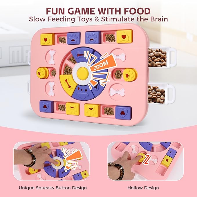 Cat Puzzle Feeder with Sound: 4-in-1 Interactive Stimulating Toys for Cats and Large & Small Dogs, Dog Enrichment Toys & Cat Puzzle Toy to Prevent Boredom and Overeating (L-Level4-Pink)
