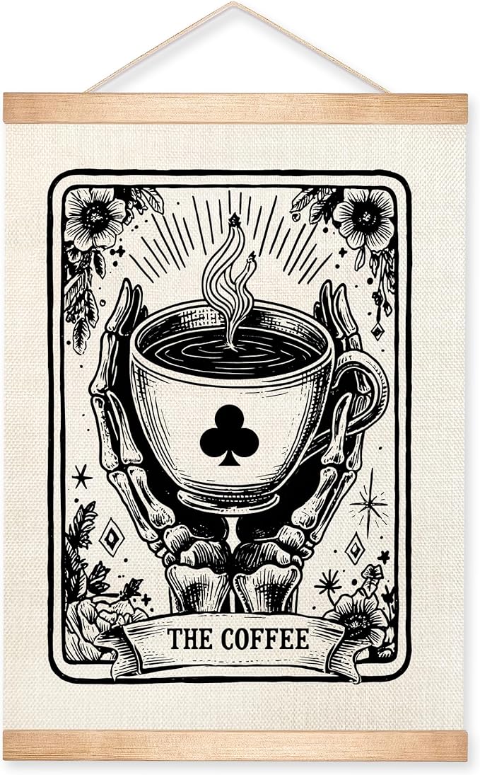 HEYJEEPER Coffee Tarot Card Wall Art ,Gothic Skeleton Hands Holding Cup Prints Linen Poster,Black and White Spiritual Hanging Wall Posters for Coffee Bar,Cafe Shop or Kitchen Home Decor 14x18inch (Coffee03)