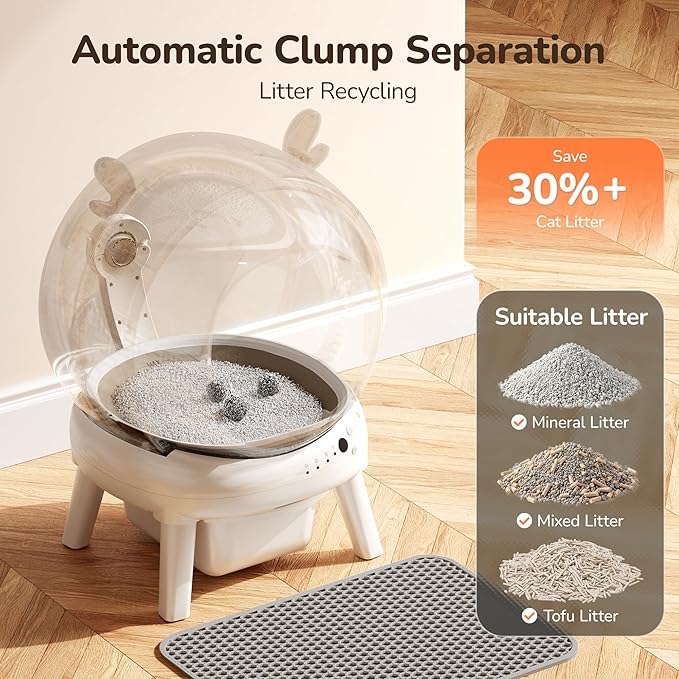Automatic Self Cleaning Litter Box, Cat Litter Box with APP Control, 65L Globe & Dual Safety Sensors, Robot Litter Box, 1 Roll Garbage Bags and Litter Mat, <35DB, White