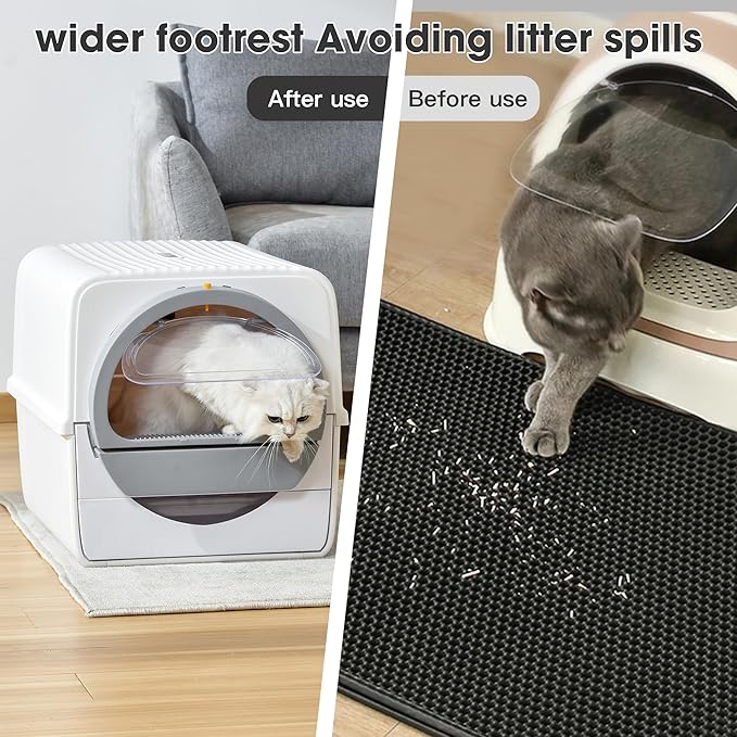 Self Cleaning Cat Litter Box Odor Control, Pull and Scoop Litter Box with Enclosed Lid, Covered Non-Electric Semi-Automatic Self Cleaning Litter Boxes for Large Cats, White& Gray