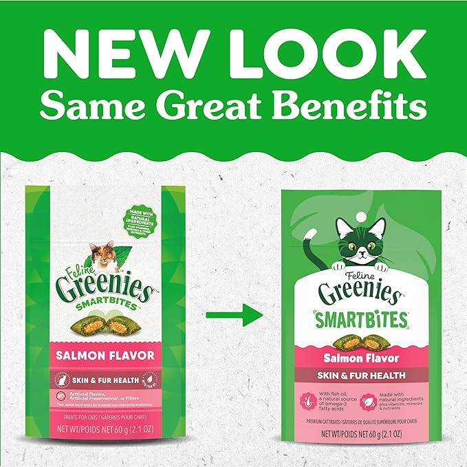 Greenies Cat Treats, Feline Smartbites, Skin & Fur Health, Crunchy and Soft Cat Treats, Salmon Flavor, 2.1 oz. Pack