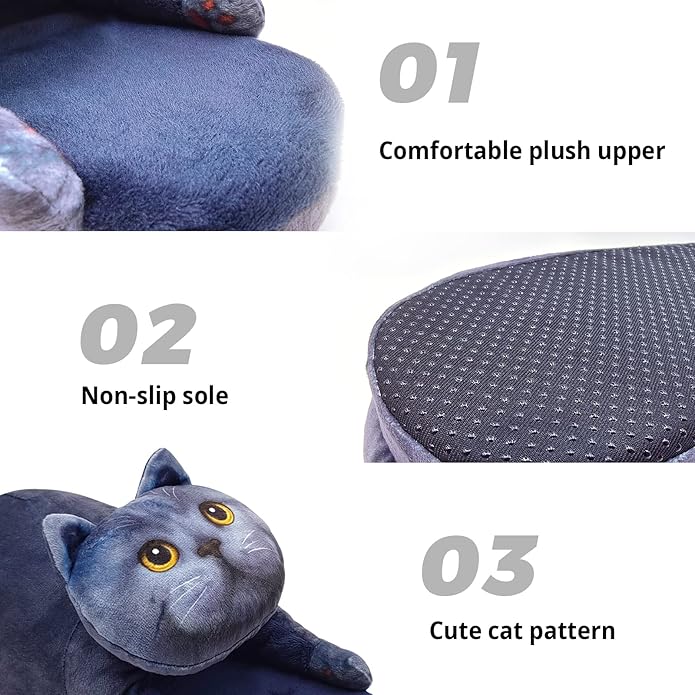 Funny Cat Slippers for Women,Fuzzy Animal Indoor House Shoes with Soft Memory Foam,Comfy Plush Warm Slip-on Slippers,Cat Gifts for Cat Lover