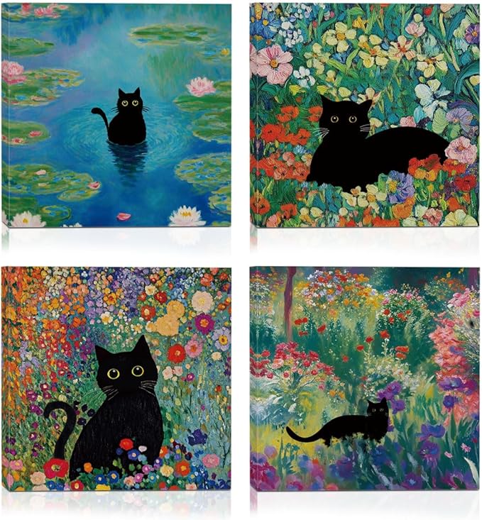 4 PCs Floral Cats Canvas Wall Art Framed Wall Decor, Cat Lover Gifts, Cat Themed Gifts Art Prints Paintings, Aesthetic Pictures Home Decor for College Dorm Bathroom Bedroom Farmhouse