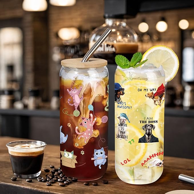 Joeyan Glass Cup with Lid and Straw - 20oz Iced Coffee Cups with Positive Crochet Cat Doll, Cute Cat Glass Tumbler for Smoothie Boba Tea, Cats Lover Gifts for Women, Birthday Mothers Day Gift for Her