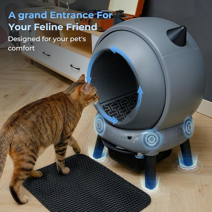 Self Cleaning Litter Box for Cats, E2 Automatic Cat Litter Box with Smart APP Control and Health Monitoring, Includes 2 Roll Trash Bag & Litter Mat, Grey