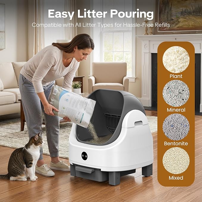 OROLEYp Automatic Cat Litter Box, Self-Cleaning Litter Box with APP Monitoring, Extra Large Capacity, Odor Control System, Infrared Safety Protection, Litter Box for Multiple Cats (Gray)