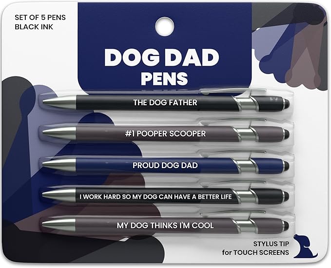 rubyloo Funny Dog Dad Gift Pen Set – 5 Black Ink Ballpoint Pens with Stylus Tip & Quality Metal Barrel with Doggy-Themed Quotes – Cool Dog Dad Gift for Men for Birthday, Father’s Day, Vet Tech