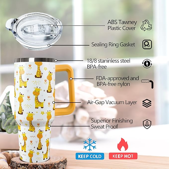 Ceovfoi 40 Oz Giraffe Tumbler With Lid and Straw, Stainless Steel Insulated Coffee Travel Mug, Giraffe Gifts for Lovers, Safari Decor Accessories