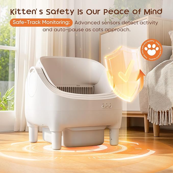 GUNJI Open-Top Cat Litter Box – Electric Auto-Cleaning System, Reliable Odor Management, Smart APP Support, 15L Large-Capacity Waste Bin, Trash Bags & Mat Included (White)