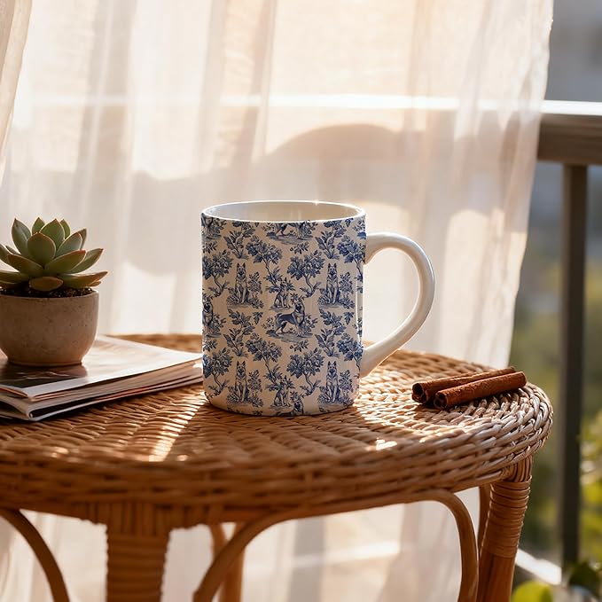 Chinoiserie German Shepherd Mug, German Shepherd Gifts Coffee Cup, Dog Lover Gifts for Women Men, Blue and White Toile Dog Ceramic Coffee Mug 11 oz