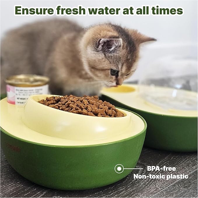 Cat Food and Water Bowl – Avocado Cat Bowl with Water Dispenser Pet Bowl& Small Dogs, Non-Spill, Anti-Choke, Eco-Friendly Dog Feeding Bowl Water Fountain 3-in-1 (Green&Yellow)