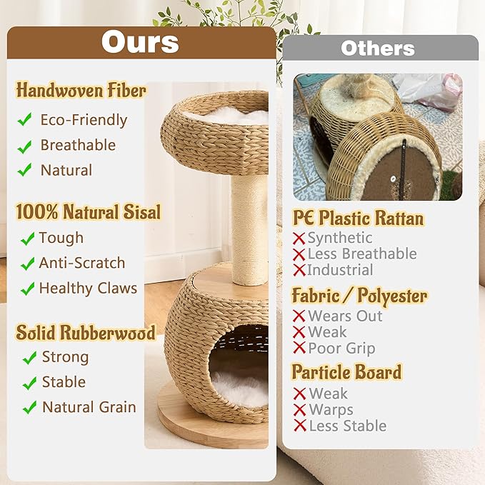 30" Modern Cat Tree Tower for Indoor Cats, Aesthetic Rattan Cat Furniture with Handwoven Wicker Cat Bed Cave, Ultra-Soft & Washable Cushions, Natural Sisal Scratching Post and Solid Wood Base