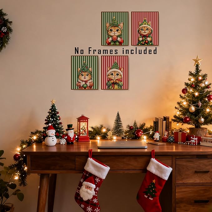 FITIE Funny Christmas Orange Cat Wall Art Posters Set of 4, Cat Christmas Decor, Red and Green Cute Xmas Tree Kitty Winter Holiday Canvas Prints Artwork Wall Decor for for Bedroom Home, 8x10 Unframed
