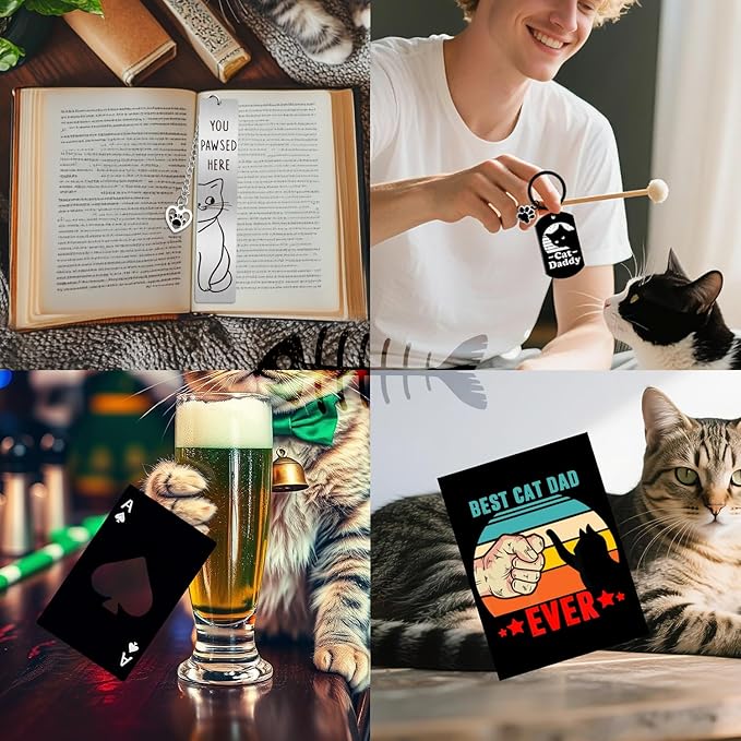 JTAMOHI 15 Pieces Cat Dad Gifts for Men, Cat Lover Gifts for Men with 11 Oz Whiskey Glass Cup 4 Whisky Ice Cubes Coaster Hat Socks Bracelet Keychain Bookmark, Father’s Day, Birthday, Christmas Gift