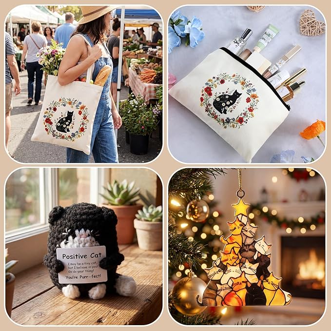Hsei 5 Pcs Black Cat Lover Gifts Set for Women Include Canvas Tote Bag Cosmetic Bag Crochet Cat and Acrylic Keychain for Black Kitten Lovers Mother's Day Birthday Party Gifts