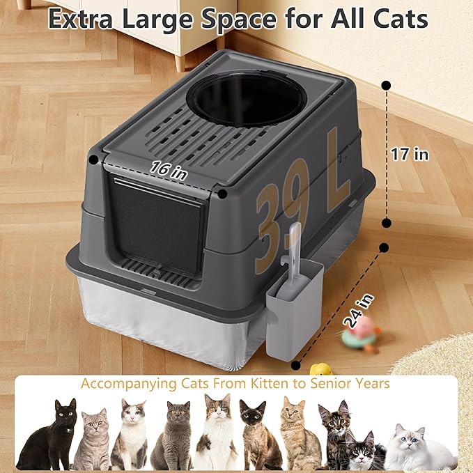 Ultimate Stainless Steel Litter Box with Lid - XXL Enclosed Anti-Leak Design for Big Cats, Non-Stick Easy Clean Metal Litter Box System with Scoop Set, High-Sided Urine Protection, Sleek Black