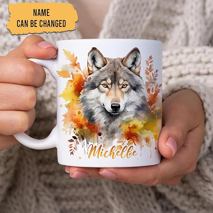 Hyturtle Personalized Fall Wolf Coffee Mug - Birthday Gifts For Wolf Lovers - Fall Autumn Decor Gifts For Farmhouse Thanksgiving - Custom Name 11oz White Ceramic Coffee Tea Mug