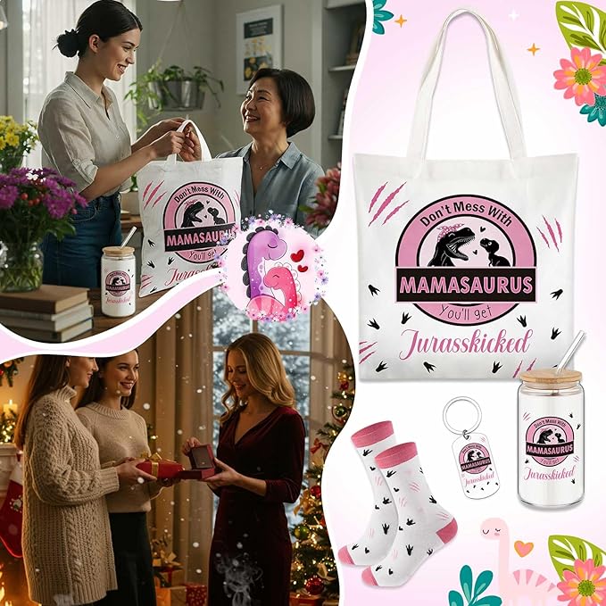 Paterr 4 Pcs Mom Gifts for Mother's Day Mamasaurus Gift for mother women Birthday Decorations，with Canvas Tote Bag 16oz Glass Coffee Cup with Straw Socks Cute Keychain