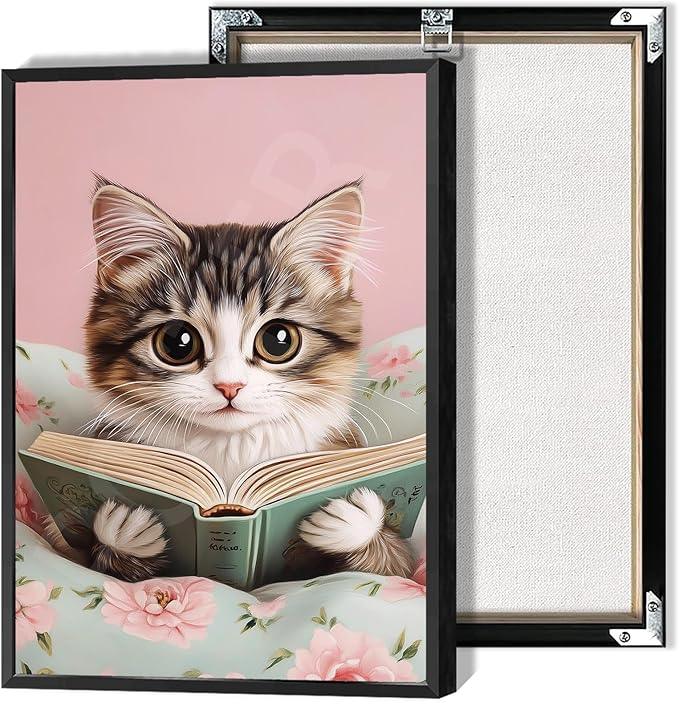 Trendy Cat Reading In Bed Canvas Wall Art Funny Pink Flower Animal Poster Funky Cat Lovers Monet Minimalist Prints Painting For Home Bedroom Kids Room Dorm Wall Decor 16x24in Framed