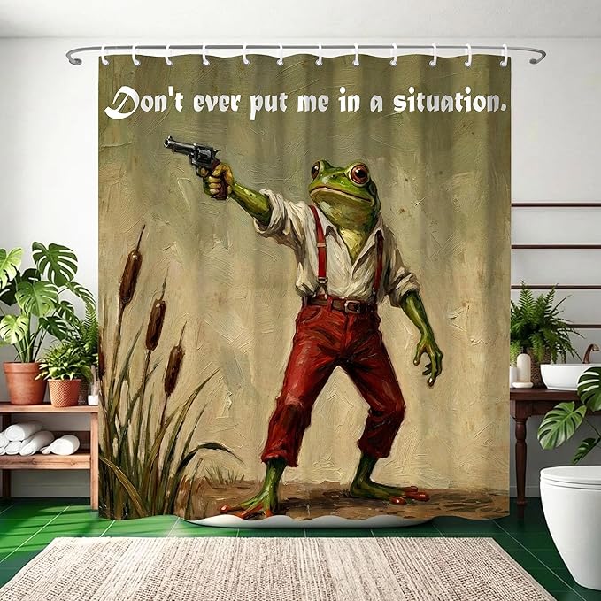 Funny Frog Shower Curtain for Bathroom,Vintage Danger Frog Meme Waterproof Polyester Shower Curtains,Retro Animal Cottagecore Art Bathroom Decor Accessories,72x72 Inch