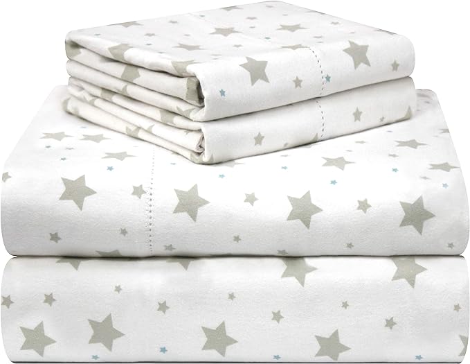 Pointehaven Bedding 4 Pieces King Flannel Sheet Set-180 GSM 100% Cotton- Pre-Shrunk & Deep Pockets- Easy Fit Elastic All Around-Comfy Double Brushed- Bed Sheets Sets (King, Stars)