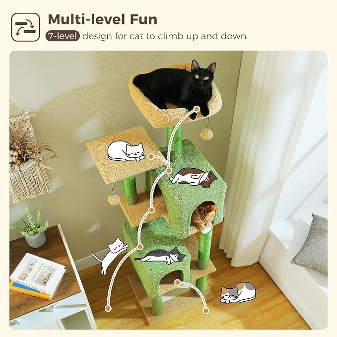 MUTTROS Cactus Cat Tree, 62-Inch Large Cat Tower for Multi-Cat Households w/Scratching Posts, Multi-Level Condo w/Cozy Top Perch & Scratching Pad, Padded Platform, 2 Pompoms, Green