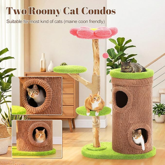 PETEPELA Modern Cat Tree for Indoor Cats Large Adult w/Flower Perch, 53.5" Flower Cat Tower with Solid Wood Scratching Post & Cozy Condos, Forest Cat House for Multi-Cat Household
