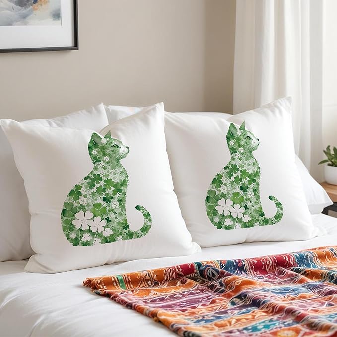 St Patrick's Day Cat Pillow Covers, 18x18, Four Leaf Clover, Lucky Shamrock, St Patrick's Day Decorations for Sofa, Bed, Living Room