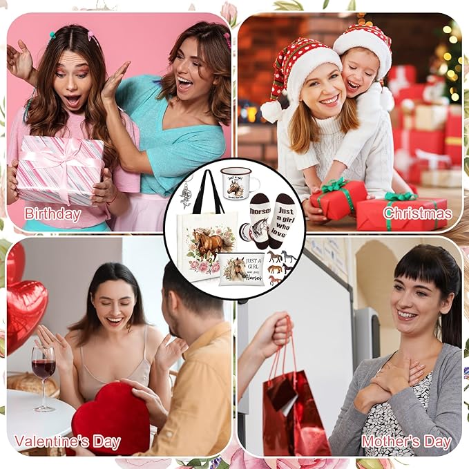 Horse Lover Gifts for Women Birthday Gifts Baskets Set Include Canvas Tote Bag, Makeup Bag, Socks, Keychain, Enamel Mug, Small Figurines for Mom, Wife, Sister, Friend