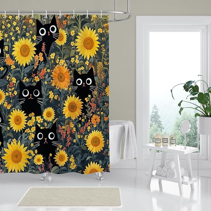Funny Black Cat Sunflower Shower Curtain for Bathroom, Cute Yellow Floral Botanical Waterproof Polyester Bath Curtains with 12 Hooks,Spring Summer Farmhouse Decor,72 x 72 Inches