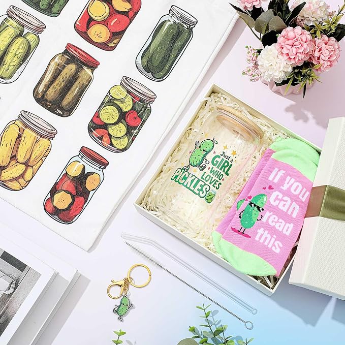 Paterr 4 Pcs Pickle Gifts for Women Pickle Themed Gift for Mother's Day Birthday Party Decorations, with Canvas Tote Bag 16oz Glass Coffee Cup with Straw Socks Cute Keychain
