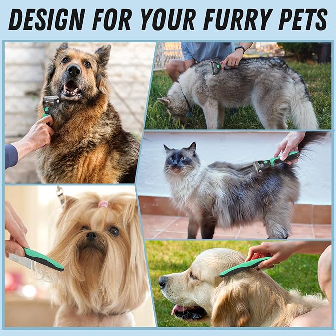 Pet Grooming Brush and Metal Comb Combo, Cat Brush Dog Brush for Shedding, Undercoat Rake for Dogs Grooming, Dematting Deshedding Brush Dogs Shedding Tool for Long matted Haired Pets, Green