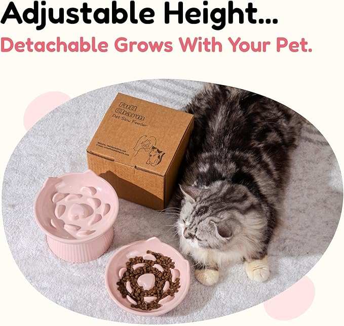 Unbreakable Raised Slow Feeder Bowl for Cats and Small Dogs, Elevated Cat Bowls, Detachable Slow Feede Bowl, Heavy Weighted, Non-Slip Feeder, Dry & Wet Food, Whisker Friendly (Pink; 6.2'')
