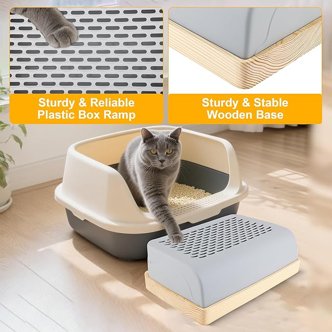 Cat Ramp for Litter Box with Wooden Base, Catcan Litter Box Step with Filter Function Double Layered Self-Cleaning Cat Litter Trapper for Small & Elderly Cats
