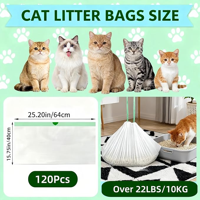 120 Count Cat Litter Box Liners Compatible with Litter Robot 3 & 4, Cat Litter Liners for Automatic Litter Box, Extra Thick Heavy Duty Waste Bags with Drawstrings, 25.2" x 15.7" (10-12 Gallons)
