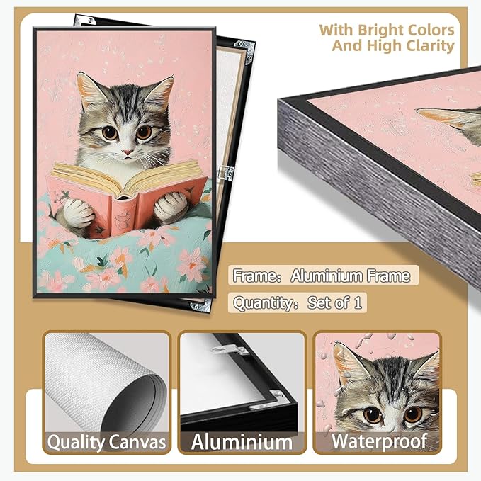 Vintage Cat In Bed Canvas Wall Art Funny Cute Cats Reading Books Poster Retro Pink Girls Room Pet Animal Aesthetic Prints Painting For Home Bedroom Kids Room Dorm Wall Decor 16x24in Framed