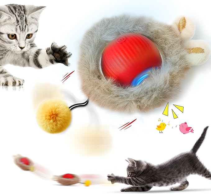 Interactive Cat Toys Ball for Indoor Cats, Speedy Tail 2.0 Cat Toy for Bored Indoor Adult Kitten, Silicone Automatic Fast Moving Rolling Ball with 3 Light Modes & DIY & Chirping Bird
