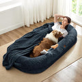 Human Dog Bed for Adult - Luxury Faux Fur Giant Size Dog Bed with Portable Handle, Egg Orthopedic Foam with Blanket, 72"x40"x10", Navy