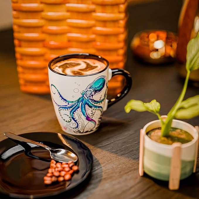 Color Changing Octopus Coffee Mug 12oz – Heat Sensitive Ceramic Cup with Ocean Reef & Coral Design, Coastal Beach Theme Mug, Unique Christmas Holiday Birthday Gift for Octopus Lovers, Men & Women