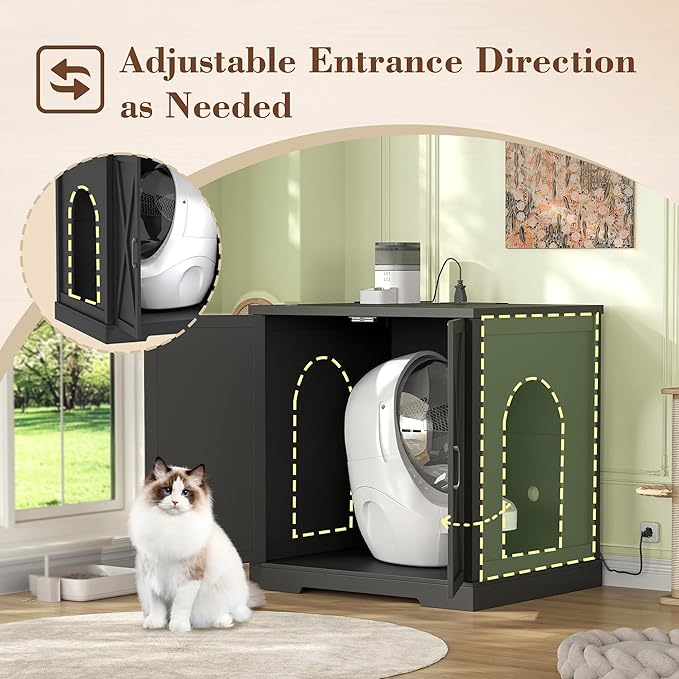 Heybly 34.5" Litter Box Enclosure,Large Robot Cabinet with Charging Station,Wooden Cat Litter Box Enclosure Furniture for Self-Cleaning Robot 3 & 4,Hidden for Smart Litter Box Size, Black HCLB004BK