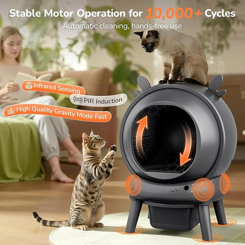 Automatic Self Cleaning Litter Box, Cat Litter Box with APP Control, 65L Globe & Dual Safety Sensors, Robot Litter Box, 1 Roll Garbage Bags and Litter Mat, <35DB, Grey