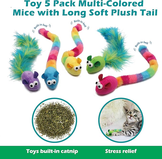 5 Pack Interactive Catnip and Feather Cat Toys, Multi-Colored Mice with Long Feather Tail, Accessories for Indoor Cat, Catnip Plush Toys with Natural Feathers and Rattles
